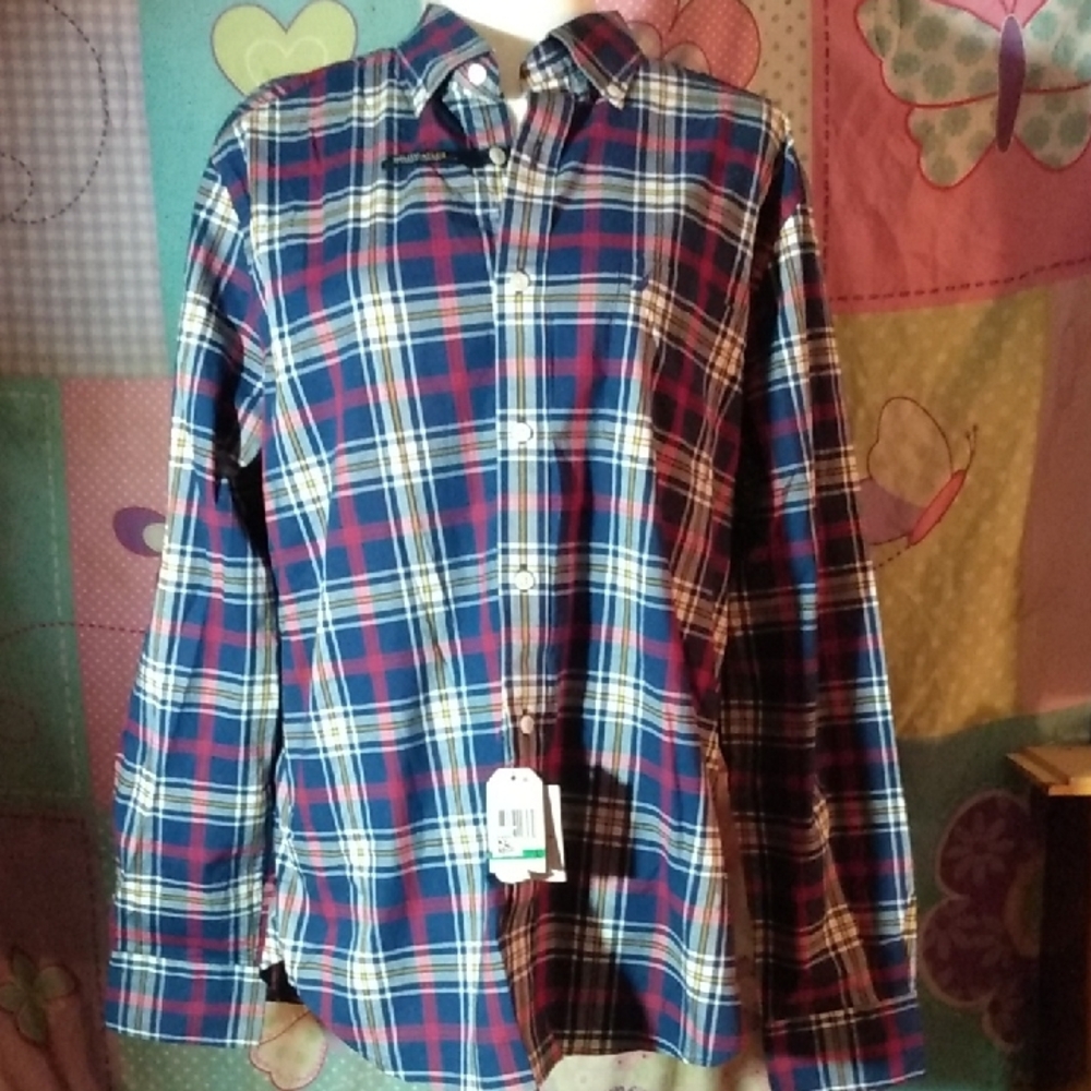 NWT Nautica Flex Classic Fit Mens Large Button Down Navy Plaid Long Sleeve Shirt